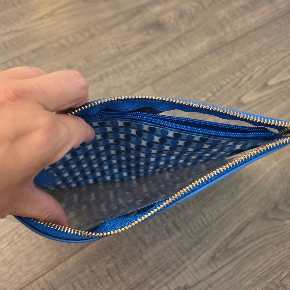 Safe Keeping Blue Leather Clear PVC Zipper Pouch Travel Clutch - Picture 5 of 7